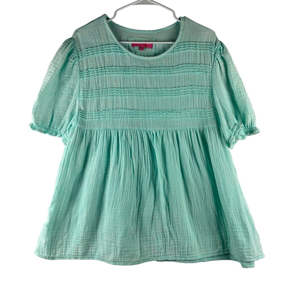 Simply Southern Cotton Gauze Pintuck Babydoll Top Large Mint Green Puff Sleeve